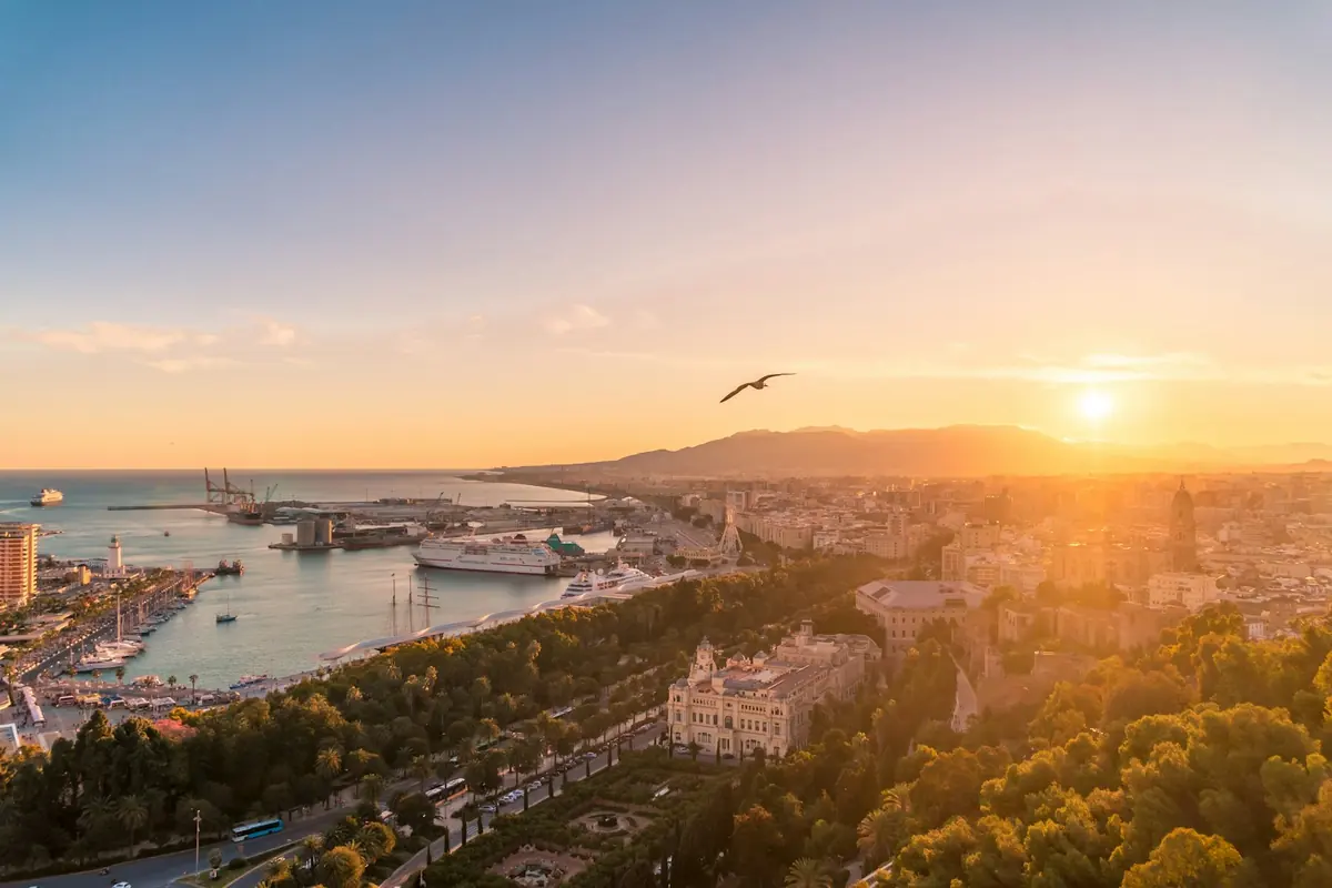 Sunset over Malaga and its port from Gibralfaro Castle