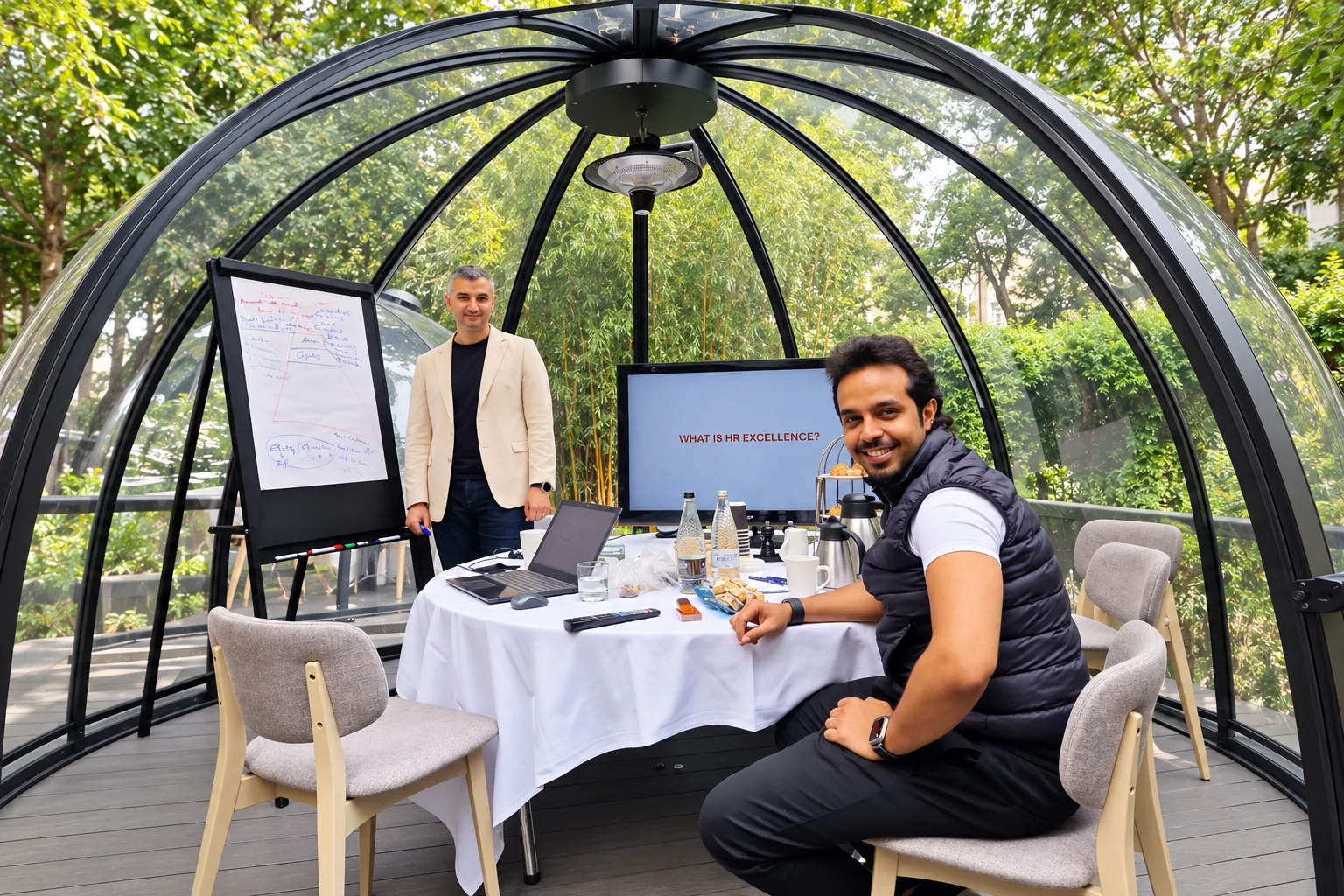 One-to-one training session in a glass garden dome with a trainer at the flipchart