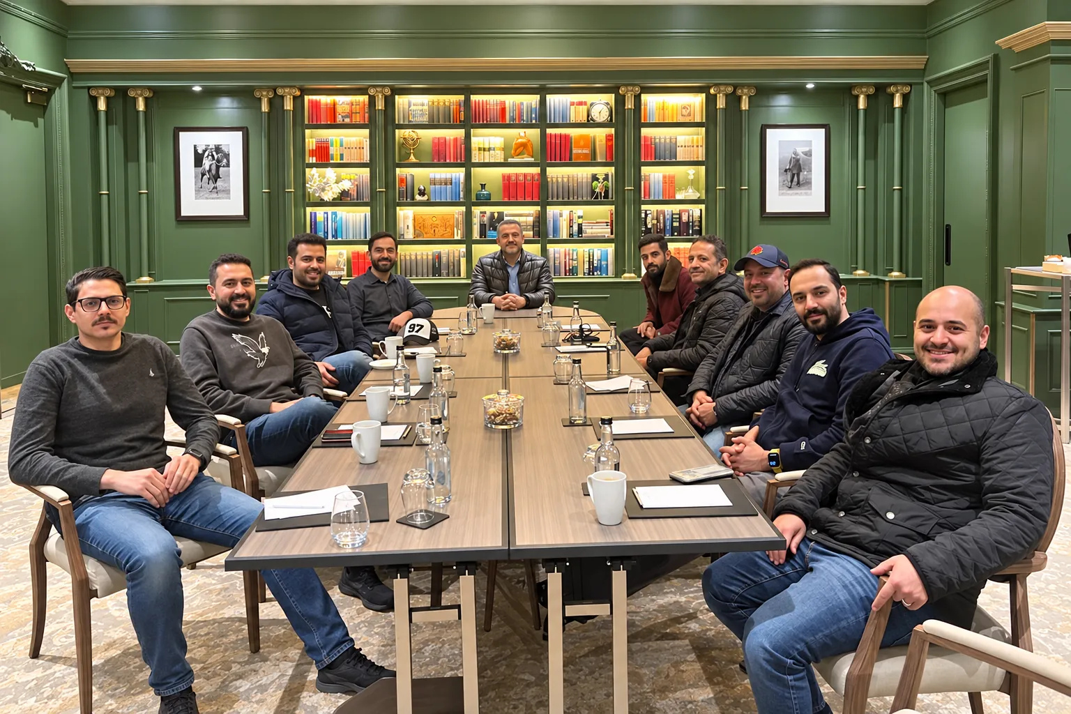 Delegates and trainer smiling around a long table in the library meeting room