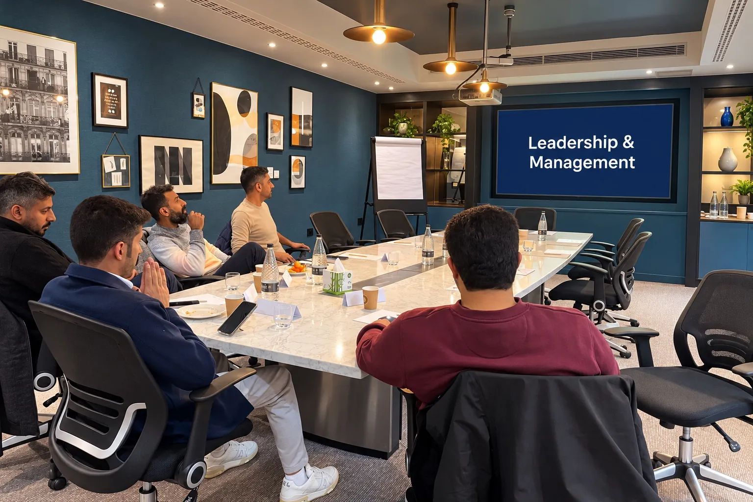 Delegates watching a Leadership and Management presentation in a navy meeting room