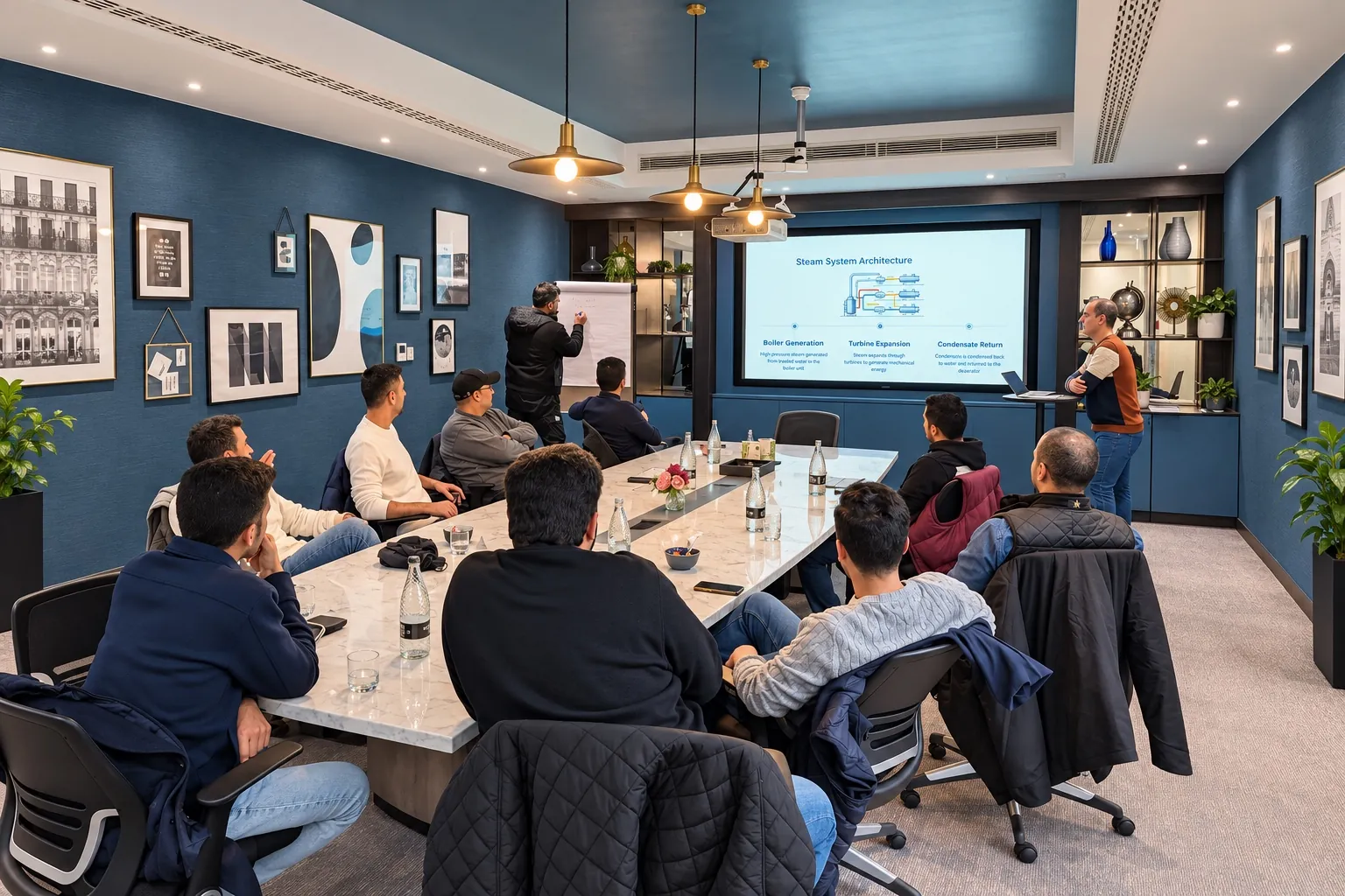Trainer at the flipchart and delegates around the table in a navy meeting room