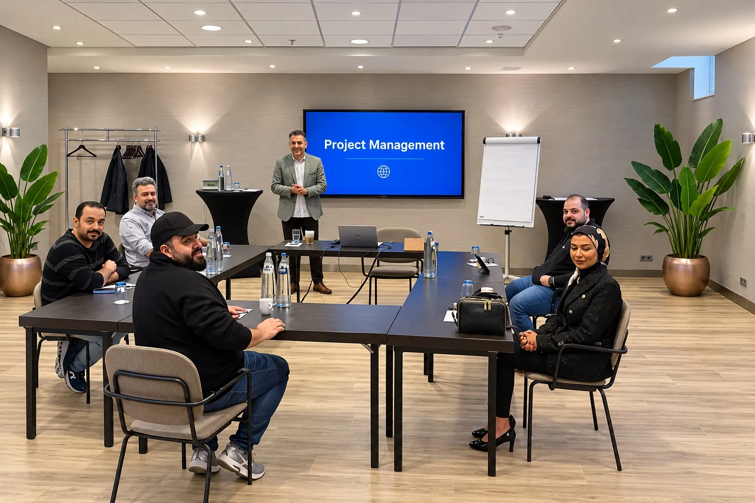 Trainer presenting a Project Management course to delegates in a bright meeting room