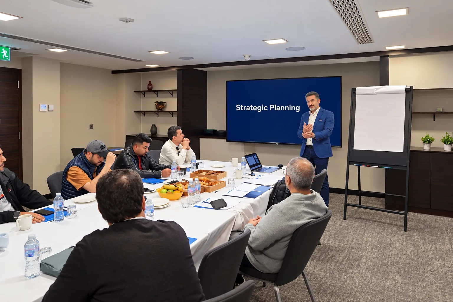 Trainer leading a Strategic Planning session beside a screen and flipchart