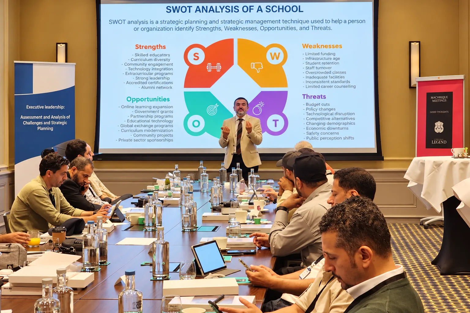 Trainer presenting a SWOT analysis slide to delegates at a long table